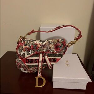 Dior Red and Cream Floral Saddle Bag